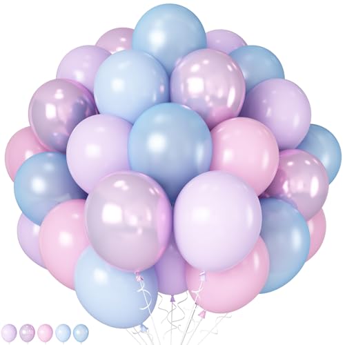 HILAVO Pink Purple Blue Balloon 60Pcs 12 Inch Metallic Pastel Balloon Iridescent Pearl Pink Blue Purple Party Balloons for...