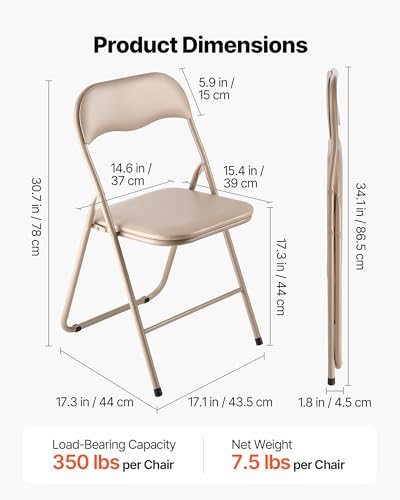 VEVOR 4 Pack Folding Chairs, Foldable Leather Chairs with Heavy Duty Metal Frame & Padded Cushion, Portable Folding Card T...