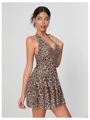 WDIRARA Women's Y2k Leopard Print Halter Dress Tie Backless Layered Ruffle Hem Mini Dresses Cheetah Mesh Dress