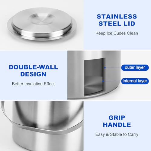 Yeatruojeet Ice Granule Bucket 3L Double Wall Ice Bucket with Lid,Scoop,Tongs- Inner Layer 304 Stainless Steel Ice Contain...
