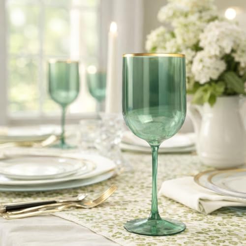 Blue Sky Green Plastic Wine Glasses With Gold Rim - 12oz (5-Pack) Reusable, Disposable Cups for Parties and Events