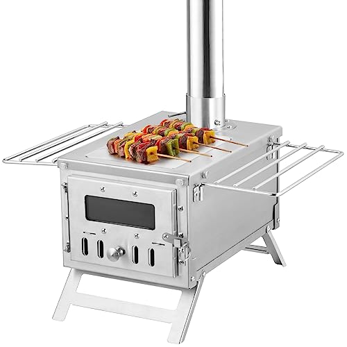 VEVOR Camping Wood Stove Stainless Steel Camping Tent Stove, Portable Wood Burning Stove with Chimney Pipes & Gloves, 700i...