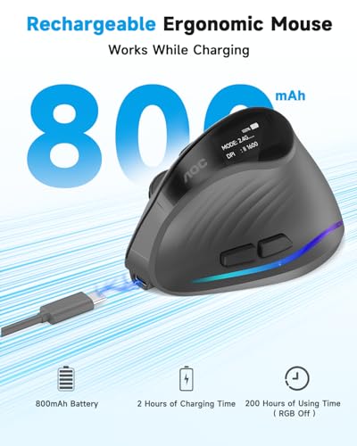 AOC 2.4GHz Ergonomic Mouse, Wireless Bluetooth Vertical Mouse for Work, 4800 DPI Optical Tracking, 5 Adjustable DPI, Quiet...