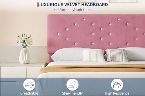 GarveeHome Twin Bed Frames with Button Tufted Headboard, Linen Upholstered Platform Bed with Wooden Slats Support, Velvet Princess Bed Frame, Easy Assembly, No Box Spring Required