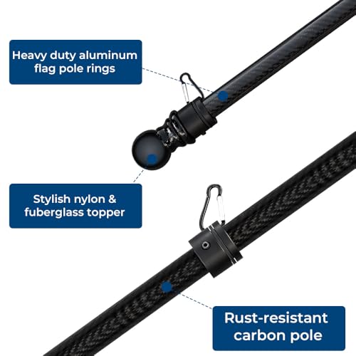 FFN 5’ Foot Premium Tangle-Free Carbon-Fiber Flag Pole for House Porch Patio, 2 Sections Black Flag Poles with Mount, Brac...