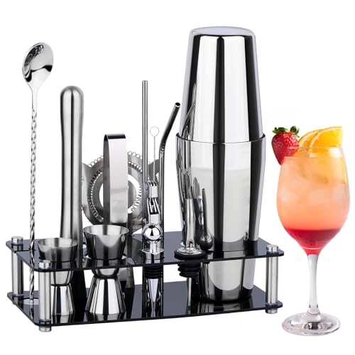 Cocktail Shaker Set Bartender Kit : 15-Piece Bar Tool Set with Acrylic Stand Bars Set with All Practical Bar Accessories, ...