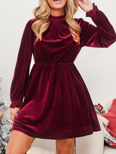 CUPSHE Women's Fall Dresses 2025 High Neck Long Sleeve Mini Party Ruffled Casual Tunic Velvet Wedding Guest Dress