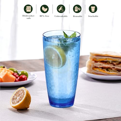 MIYOPESI 26oz Blue Acrylic Glasses Drinkware (Set of 6), Hammered Design Shatter-Proof Plastic Cups, Reusable Plastic Larg...