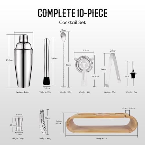 AMERICANISTA Cocktail Shaker Set Bartender Kit with 10 Bar Tools & Bamboo Stand – Martini Shaker, Jigger, Strainer, Muddle...