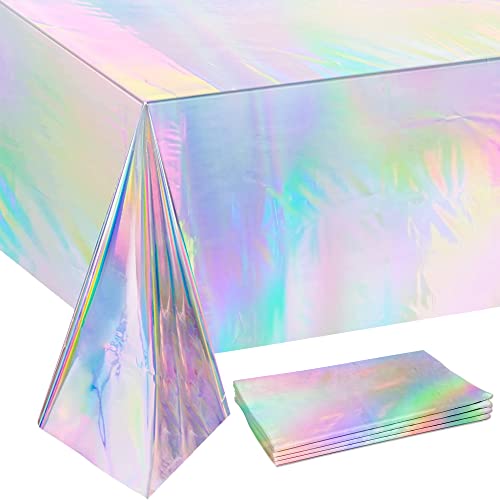 OHOME 4 Pack Iridescence Plastic Tablecloths Disposable Galentines Day Decorations New Years Birthday Disco Bachelorette B...