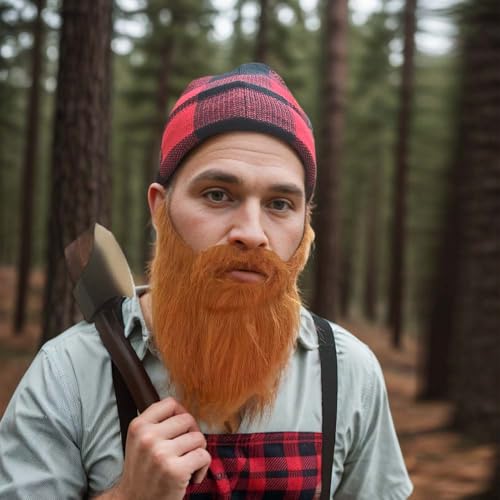 Cossneer 4 Pieces Lumberjack Costume Halloween Men Women Lumberjack Accessories Include Hat Beard Suspender Foam Axe for H...