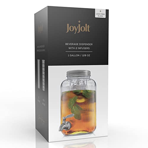 Fluted 1-Gallon Drink Dispenser. Glass Beverage Dispenser with Stainless steel Spigot plus Ice Cylinder and Fruit Infuser!...