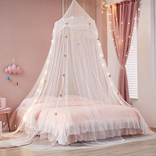 Nattey Bed Canopy with Lights for Girls,Gold Star Princess Crib Canopy Curtains,Extra Large Dome Mosquito Net Reading Nook...
