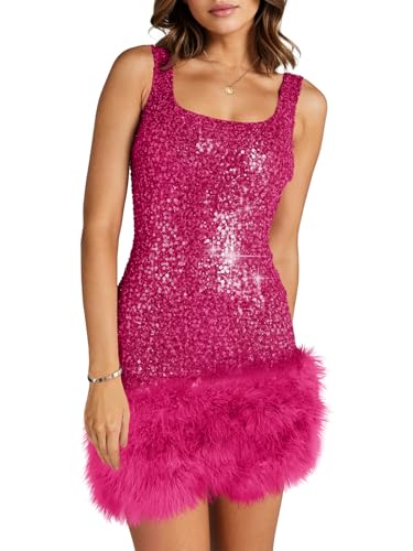 Wenrine Womens Sparkly Sequin Dress Bodycon Square Neck Fur Club Party Mini Dresses