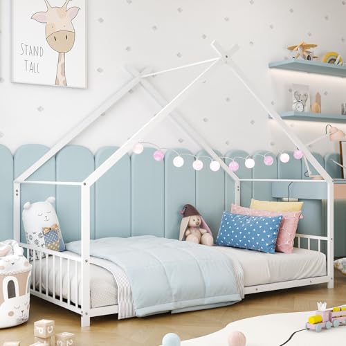 Twin Floor House Bed with Storage Shelf, Wood Twin Bed Frames with Headboard & Guardrail, Montessori Floor Bed with Wooden Slat Support for Boys Girls, White