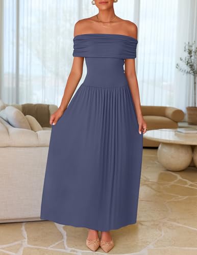 ZESICA Women's Off The Shoulder Maxi Dress 2026 Summer Sleeveless Casual Slim Swing Pleated Formal Party Dresses