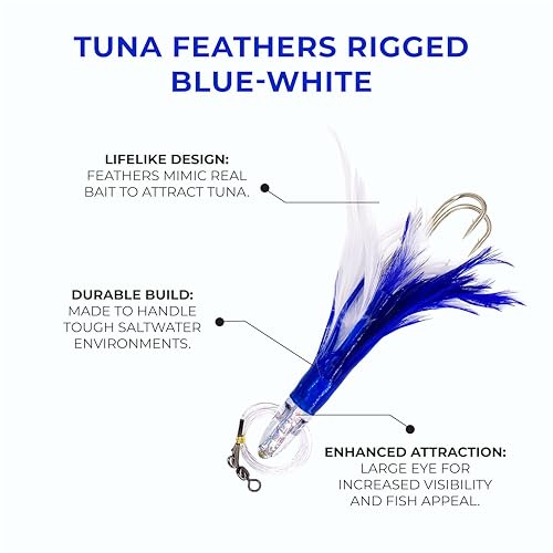 6” Sanhu Tackle Premium Tuna Feathers, 6 Pcs Blue/White Rigged, Saltwater Fishing Lures for Trolling