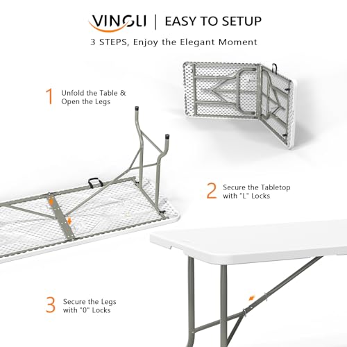 VINGLI 6 Foot Plastic Folding Table Portable Long Table for Indoor Outdoor Use Rectangular with Carrying Handle, Smooth HD...