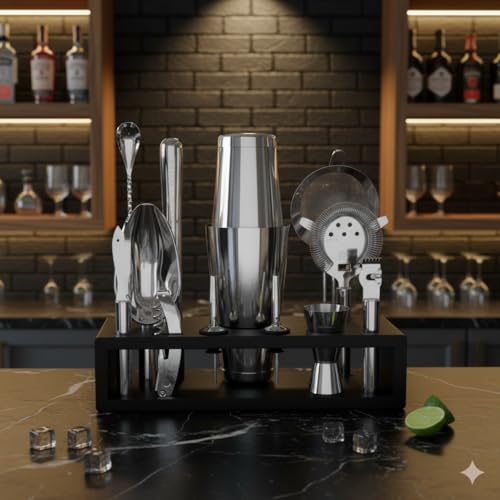 Highball & Chaser 13-Piece Boston Cocktail Shaker Set Stainless Steel Mixology Bartender Kit With Stand For Home Bar Cockt...