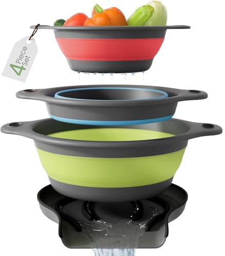 Gevoli Collapsible Colanders with Self-Draining Base for Edge of Sink, Food Strainers (Small/Med/Large), Nested Design for...