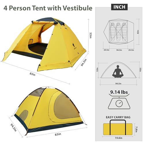 GEERTOP 4 Person 4 Season Tent for Camping Waterproof Double Layer Easy Set Up Family Tent for Camping Hiking Backpacking ...