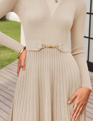 ZESICA Women's Long Sleeve Midi Sweater Dress 2026 Fall Crewneck Knit A Line Pleated Flowy Long Dresses with Belt