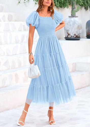 PRETTYGARDEN Women's Smocked Midi Tulle Dress 2026 Summer Puffy Short Sleeve Square Neck Ruffle Wedding Guest Party Dresses