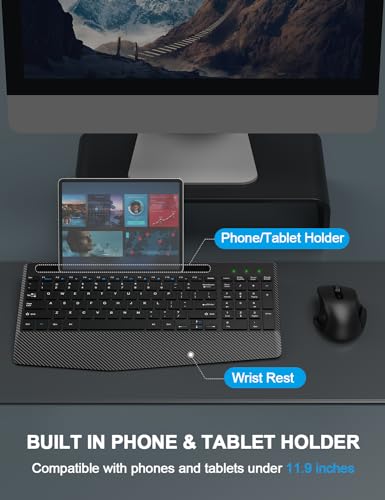 Wireless Keyboard and Mouse Combo, Ergonomic Keyboard with Wrist Rest, Phone Holder, Sleep Mode, 2.4G Lag-Free Rechargeabl...