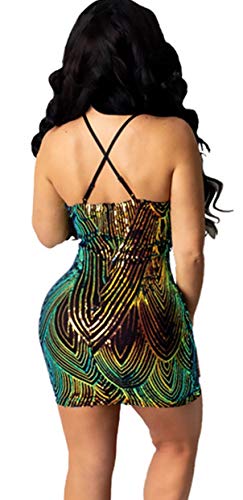 Women's Sexy Bodycon Party Mini Dress Deep V Neck Sequin Backless Spaghetti Straps Clubwear