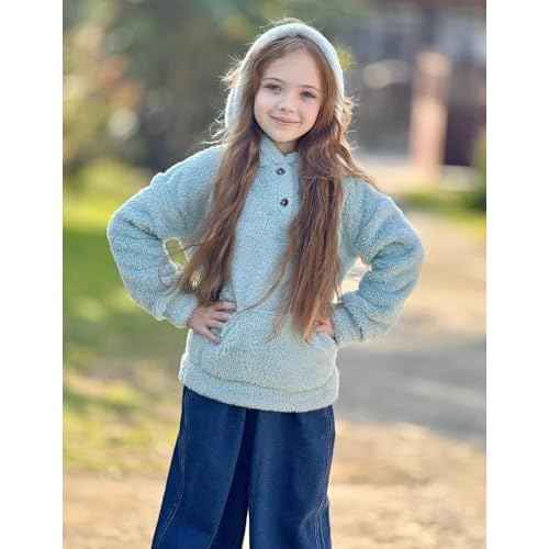 Arshiner Girls Hoodie Sherpa Fleece Pullover Hooded Sweatshirt for Girl Button Up Casual Outerwear Coat With Pockets