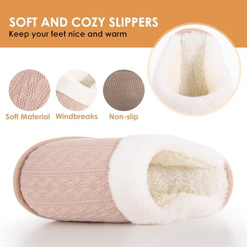 LOKIMSI Women's Cozy Knit Slippers with Faux Fur Lining Memory Foam - Non-Slip Rubber Sole Indoor/Outdoor Winter House Sho...