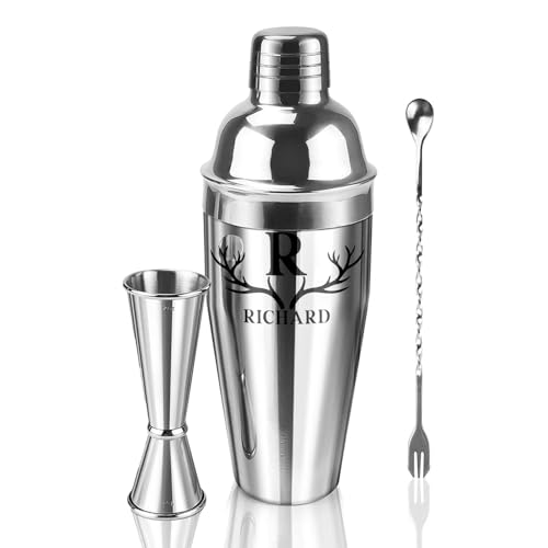 Personalized Cocktail Shaker 24oz - Custom Stainless Steel Bar Kit with Engraved Name, Built-in Strainer & Measuring Jigge...