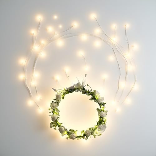 Seadiquiet White Vintage LED Flower Crown, Glow Flower Wreath Headbands Luminous Led Bridal Headpiece Wedding Headdress Ha...