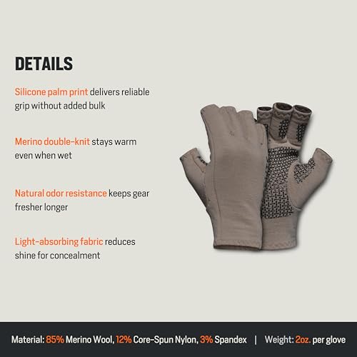First Lite Rugged Wool Half Finger Glove - Merino Wool Hunting Gloves with Silicone Grip Palm for Shooting Dexterity