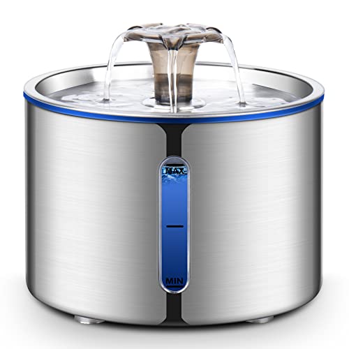 BOORCA Cat Water Fountain, 84oz/2.5L Stainless Steel Pet Water Fountain, Automatic Dog Water Dispenser with Water Level Wi...
