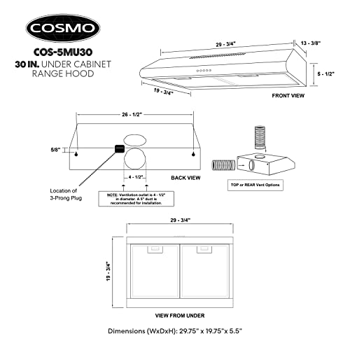 COSMO COS-5MU30 30 in. Delta Collection Ducted Under Cabinet Range Hood, Button Controls, Reusable Filters, LED Lights, St...