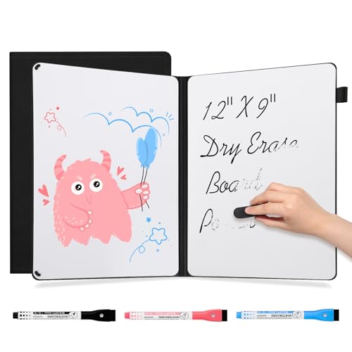 AGM Portable White Board Dry Erase Notebook, 12" x 9" Double Sided Folding Whiteboards with 3 Pens, Small Travel Dry Erase...