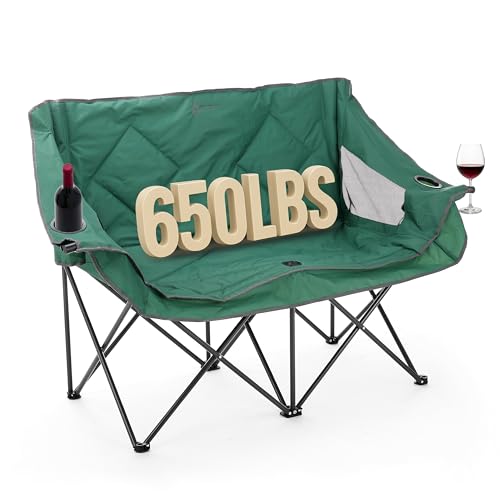 ARROWHEAD OUTDOOR Portable Folding Double Duo Camping Chair Loveseat w/ 2 Cup & Wine Glass Holder, Carrying Bag, Supports ...