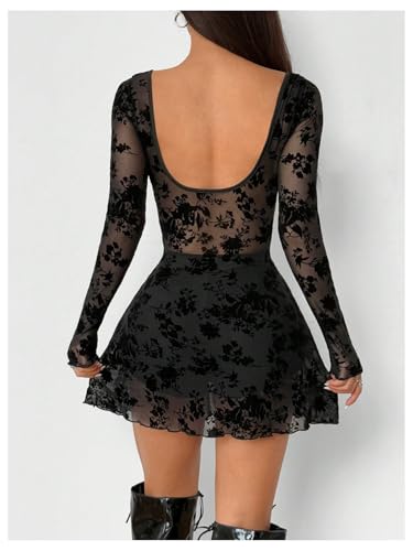 Milumia Women's Floral Lace Cut Out Mini Dress Sexy Long Sleeve Bow Decor Party Club Mesh Short Dresses