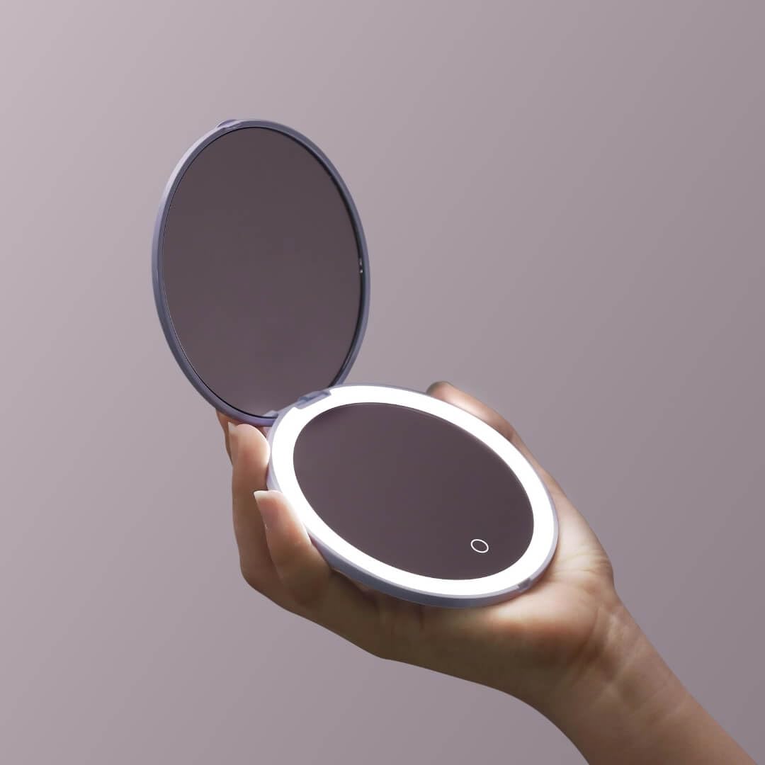 Fancii Mini Taylor Compact Magnifying Mirror with LED Light, 10x/1x, Rechargeable, 3 Light Settings, Dimmable - Small Lighted Travel Handheld Mirror for Pocket, Handbag, Purse, 2-Sided (Purple)