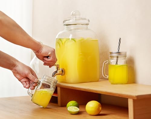 Kook Glass Drink Dispenser, with Leak-Proof Stainless Steel Spigot and Customizable Label Tag, Clear Mason Jar, Beverage S...