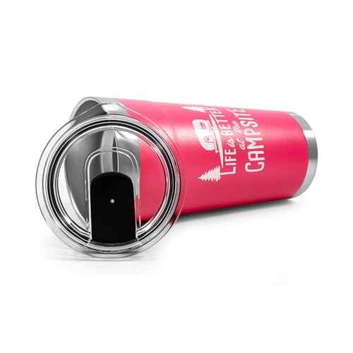 Camco Life is Better at The Campsite Tumbler | Heavy Duty Double Wall Vacuum Insulation | Crafted of 18/8 Stainless Steel | Unique ¡°Life is Better at The Campsite¡± Design on Coral Pink | 20-oz (53061)