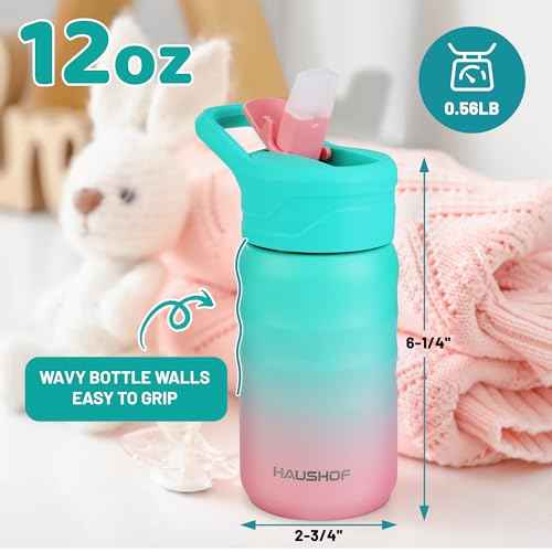 HAUSHOF Kids Water Bottle 2-Pack (12 oz) BPA-free with Straw and Stickers, Stainless Steel Vacuum Double Wall Insulated cup with Leak Proof for school, Gifts, Boys and Girls(Blue/Pink)