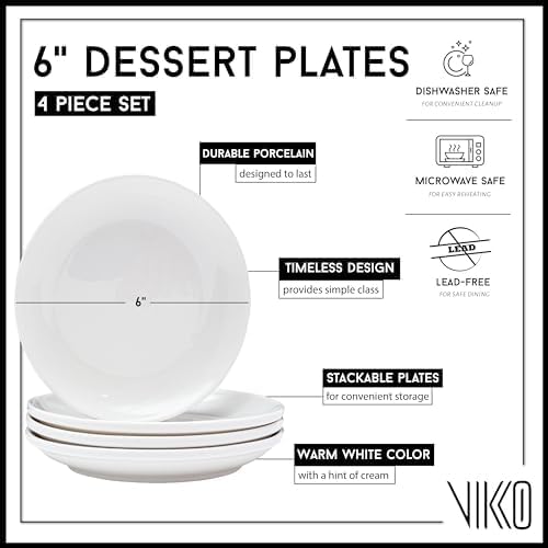 Vikko Dessert Plate, Set of 4 White Plates, Fine Porcelain, Stackable 6 Inch Dessert Plates, Dishwasher Safe, 6/'' Dessert Plate