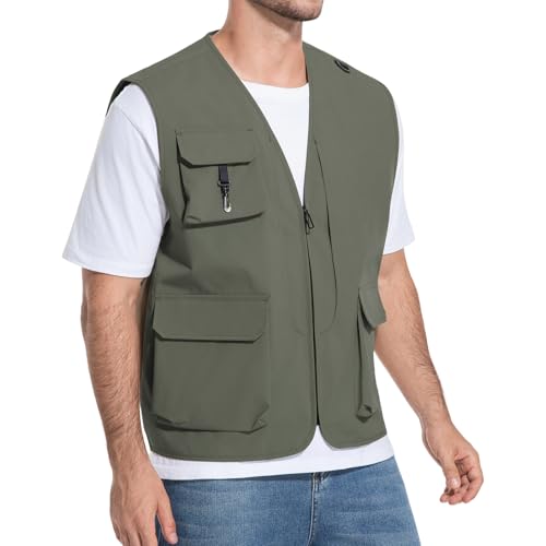 HYCOPROT Men’s Outdoor Fishing Vest, Lightweight Waterproof Sleeveless Utility Cargo Jacket for Hiking Hunting
