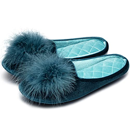 GRITHEIM Women's Fuzzy Pom Pom Velvet Memory Foam House Slippers Ladies Cozy Chenille Knit Bedroom Slippers Non-slip Sole ...