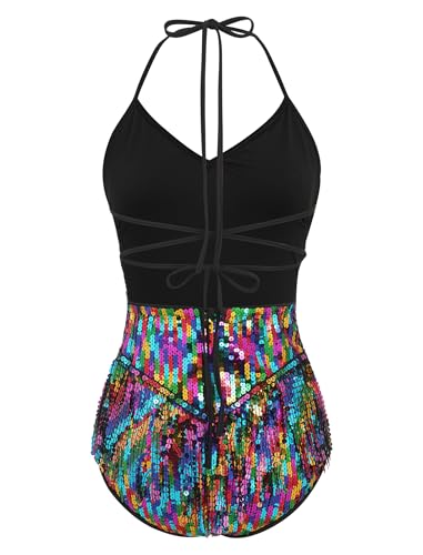 IBAKOM Sexy Sequins Fringe Bodysuit Halter Lace Up Back Jazz Latin Dance Tassel Leotard Acrobat Costume Rave Concert Outfits