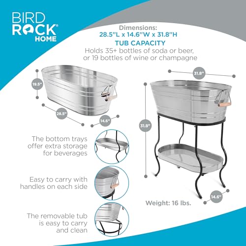 BIRDROCK Home Stainless Steel Beverage Tub with Stand - Bottom Tray - Ice Bucket - Party Drink Holder - Wooden Handles - O...