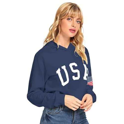 SweatyRocks Women's American Flag Long Sleeve Hoodies Letter Graphic Crop Top Hooded Sweatshirts
