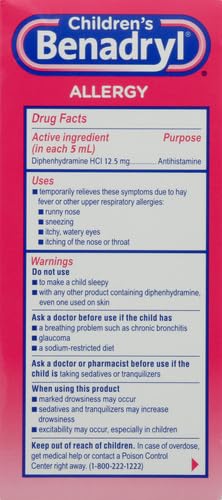 Benadryl Children's Allergy Relief Liquid Medicine with Diphenhydramine HCl Antihistamine for Kids' Allergy Relief, Effective Allergy Relief, Cherry Flavor, 8 fl. oz (Pack of 2)